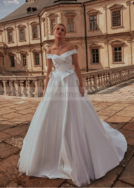 Off Shoulder Beaded Ivory Satin Tulle Vintage Wedding Dress